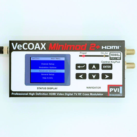 TV modulator VeCOAX MINIMOD 2+ professional front panel with color LCD channel display front view