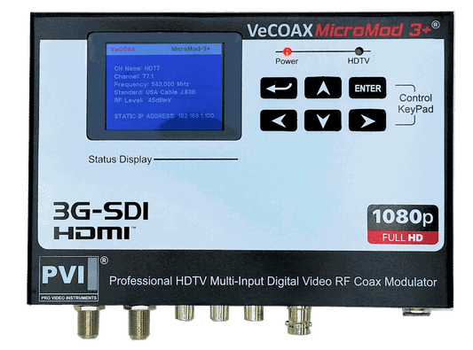 VeCOAX MICROMOD-3 SDI — 3G-SDI HDMI AV broadcast RF modulator front panel color display