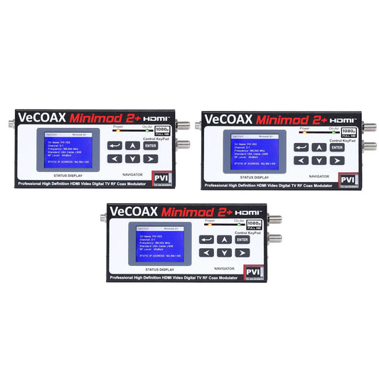 VeCOAX MINIMOD-2+ 3-Pack bundle three HDMI RF modulators for multi-channel coax TV distribution system