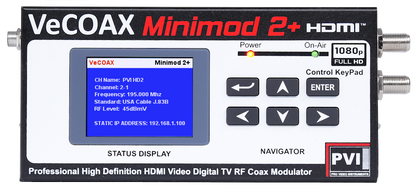 VeCOAX RACK-2 2-Channel — HDMI modulator VeCOAX MINIMOD-2+ professional front panel LCD display