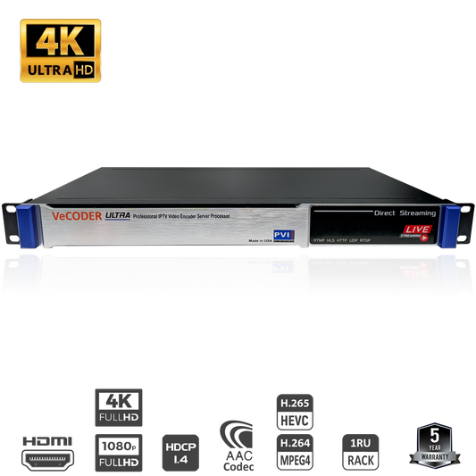 VeCODER ULTRA 4K H.264 H.265 multichannel HDMI IPTV encoder rack server front by Pro Video Instruments
