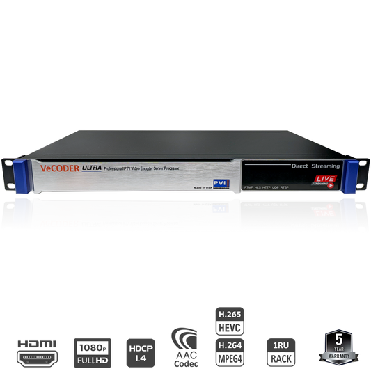 VeCODER ULTRA HD HEVC multichannel IPTV encoder 1RU streaming server front view