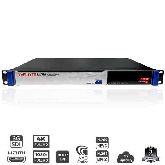 VePLAYER ULTRA-4 RACK four-channel IP video decoder front by Pro Video Instruments