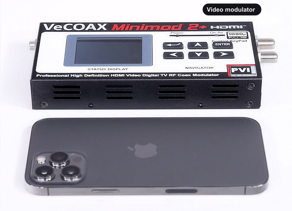 Video modulator compact dimensions 7.5 x 4.5 x 1.2 inches