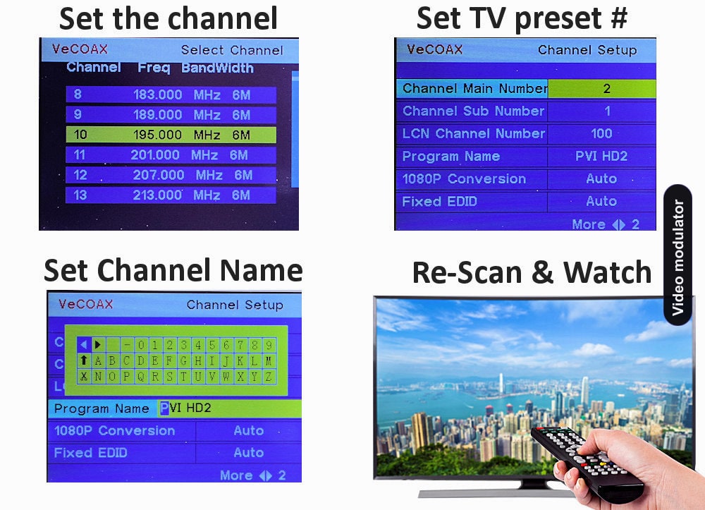 Video modulator easy 3-step setup connect set channel scan and watch