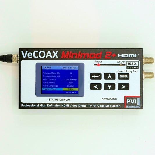 Video modulator VeCOAX MINIMOD 2+ professional front panel with color LCD channel display front view