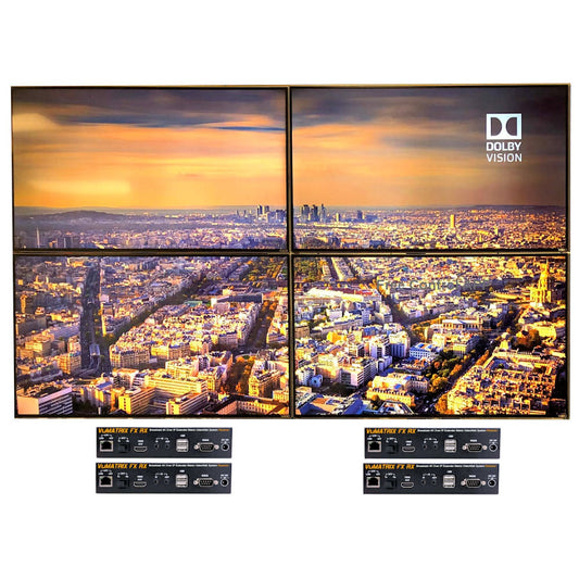 VuMATRIX 4K Video Wall 2x2 four-display HDMI over IP video wall system showing seamless 4K content across four screens with hardware