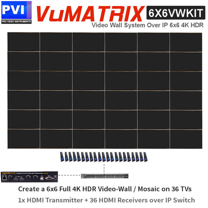 VuMATRIX 4K Video Wall 6x6 turnkey kit with transmitter and thirty-six receivers for HDMI over IP distribution