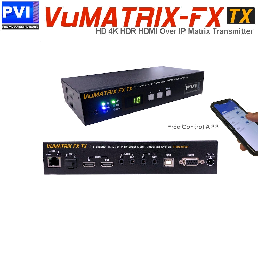 VuMATRIX FX Transmitter 4K HDMI-over-IP extender with branding