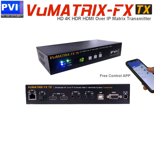 VuMATRIX FX Transmitter 4K HDMI-over-IP extender with branding
