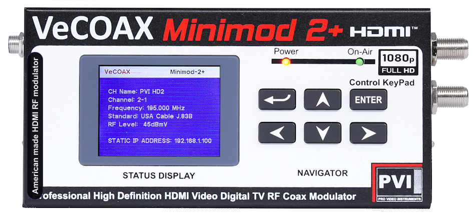 American made HDMI RF modulator VeCOAX MINIMOD 2+ compact aluminum enclosure with color LCD status display — professional american made hdmi rf modulator made in USA
