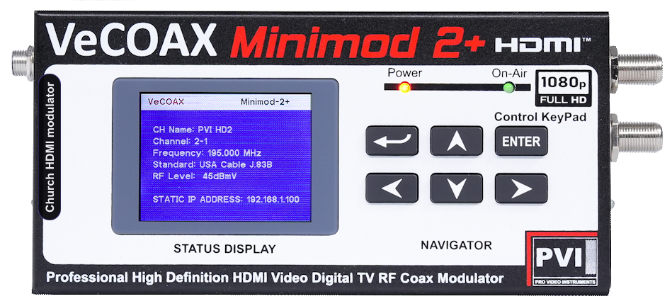Church HDMI modulator VeCOAX MINIMOD 2+ compact aluminum enclosure with color LCD status display — professional church hdmi modulator made in USA