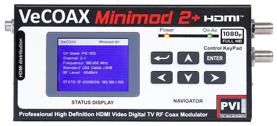 HDMI distribution VeCOAX MINIMOD 2+ compact aluminum enclosure with color LCD status display — professional hdmi distribution made in USA