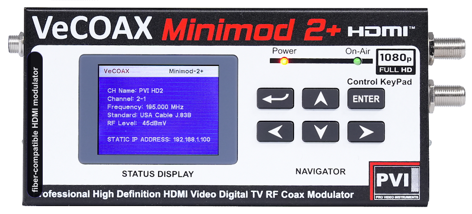 fiber-compatible HDMI modulator VeCOAX MINIMOD 2+ compact aluminum enclosure with color LCD status display — professional hdmi modulator fiber compatible made in USA