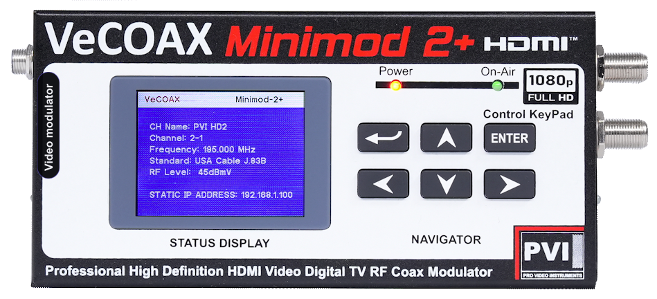 Video modulator VeCOAX MINIMOD 2+ compact aluminum enclosure with color LCD status display — professional video modulator made in USA